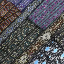 خرید نوار سنتی بافت طرح گل آبی سرمه ای زری طلایی 5 سانت - خرازی یاس