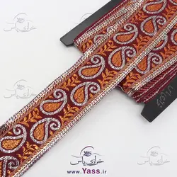 خرید نوار سنتی هندی 5 سانت زرشکی طرح بته جقه زری دار - خرازی یاس