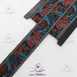 خرید نوار سنتی بافت 5 سانت آبی مشکی گل قرمز - خرازی یاس