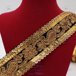 خرید نوار هندی بته جقه مشکی لمه دوزی طلایی 5 سانت - خرازی یاس
