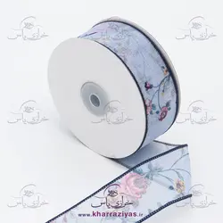 خرید روبان حریر طرحدار 4 سانت سفید سرمه ای (متری) - خرازی یاس