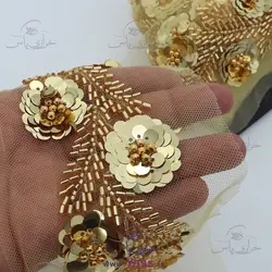 نوار پولک و ملیله دوزی طلایی مدل گل برجسته