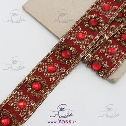 نوار هندی زری نگین دار طرح گل قرمز
