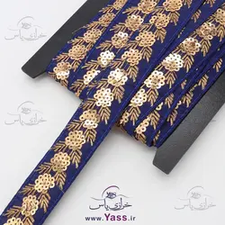 نوار هندی پولک دوزی آبی نفتی 3.5 سانت