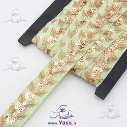نوار هندی پولک دوزی سبز کاهویی 3.5 سانت