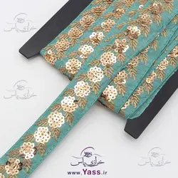 نوار هندی پولک دوزی فیروزه ای 3.5 سانت