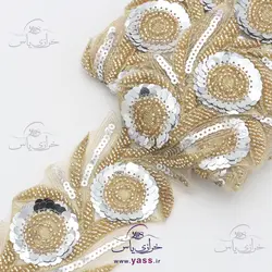 نوار ملیله و پولک دوزی گل برجسته طلایی نقره ای 9 سانت
