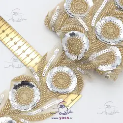 نوار ملیله و پولک دوزی گل برجسته طلایی نقره ای 9 سانت