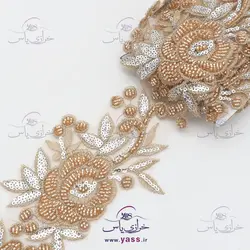 نوار ملیله و پولک دوزی طرح گل طلایی نقره ای 8 سانت