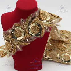 نوار ملیله و پولک دوزی گل برجسته طلایی 9 سانت