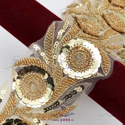 نوار ملیله و پولک دوزی گل برجسته طلایی 9 سانت