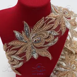 نوار ملیله و پولک دوزی طرح گل طلایی نقره ای 11 سانت