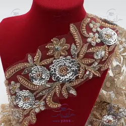 نوار ملیله و پولک دوزی گل برجسته طلایی نقره ای 9 سانت