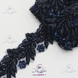 نوار طرح گل تمام ملیله دوزی سرمه ای 6 سانت
