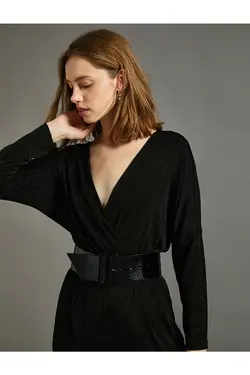 اورال یقه V براق با کمربند زنانه مشکی کوتون Koton (ساخت ترکیه)