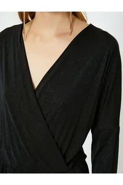 اورال یقه V براق با کمربند زنانه مشکی کوتون Koton (ساخت ترکیه)