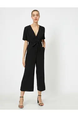 اورال آستین کوتاه با یقه V با کمربند زنانه مشکی کوتون Koton (ساخت ترکیه)