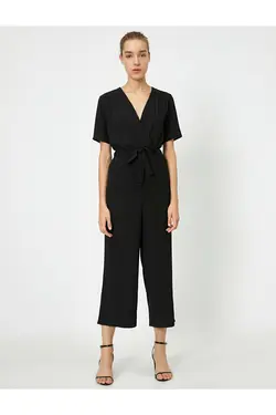 اورال آستین کوتاه با یقه V با کمربند زنانه مشکی کوتون Koton (ساخت ترکیه)