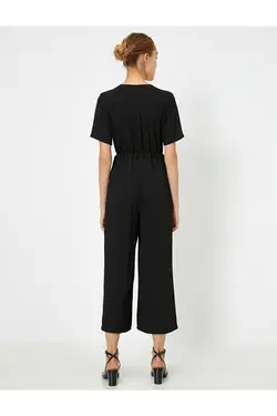 اورال آستین کوتاه با یقه V با کمربند زنانه مشکی کوتون Koton (ساخت ترکیه)