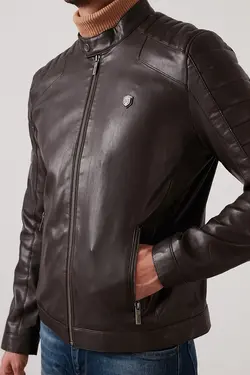 کاپشن زیپ دار چرم مصنوعی یقه ایستاده دکمه دار مردانه قهوه ای پیر کاردین Pierre Cardin (ساخت فرانسه)