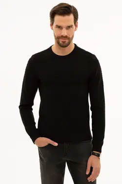 ژاکت بافتنی یقه گرد راه راه مردانه مشکی پیر کاردین Pierre Cardin (ساخت فرانسه)