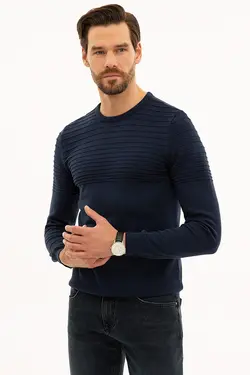 ژاکت بافتنی یقه گرد راه راه مردانه سرمه ای پیر کاردین Pierre Cardin (ساخت فرانسه)