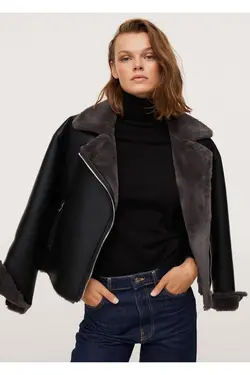 کاپشن به سبک دوچرخه سواری با اندود خز مصنوعی مشکی مانگو MANGO (ساخت اسپانیا)