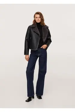 کاپشن به سبک دوچرخه سواری با اندود خز مصنوعی مشکی مانگو MANGO (ساخت اسپانیا)