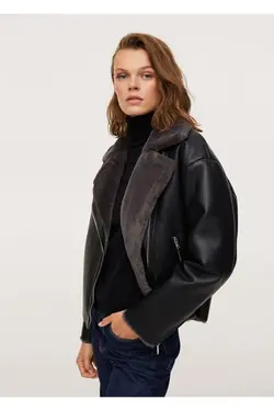 کاپشن به سبک دوچرخه سواری با اندود خز مصنوعی مشکی مانگو MANGO (ساخت اسپانیا)