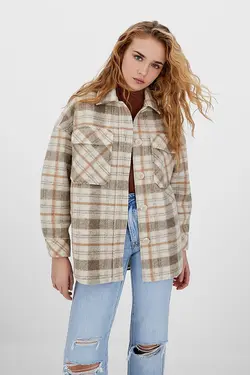 کت بافت چهارخانه خاکی زنانه استرادیواریوس Stradivarius (ساخت اسپانیا)