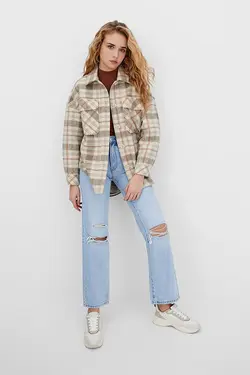 کت بافت چهارخانه خاکی زنانه استرادیواریوس Stradivarius (ساخت اسپانیا)