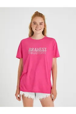 تیشرت یقه خدمه رنگ صورتی زنانه دارای طرح نوشته پولک دوزی کوتون Koton (ساخت ترکیه)