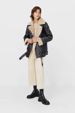 ژاکت چرم مصنوعی مشکی داخل خز زنانه استرادیواریوس Stradivarius (ساخت اسپانیا)
