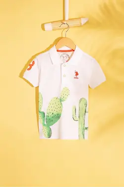 تی شرت یقه پولو با طرح کاکتوس پسرانه سفید یو اس پولو US Polo (ساخت ترکیه)