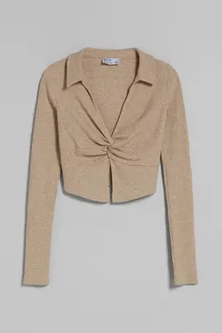 نیم تنه یقه پولو آستین بلند جلو گره دار زنانه رنگ شنی ماسه ای برشکا Bershka (ساخت اسپانیا)