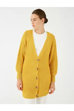 ژاکت بافتنی زنانه یقه V دکمه دار  زرد زنانه از برند  کوتون Koton (ساخت ترکیه)
