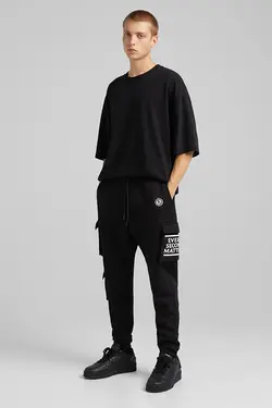 شلوار اسلش نخی 6 جیب طرح دار مردانه رنگ مشکی برشکا Bershka (ساخت اسپانیا)