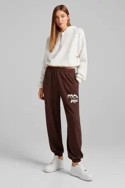 شلوار نخی جاگر با طرح برجسته زنانه رنگ قهوه ای برشکا Bershka (ساخت اسپانیا)
