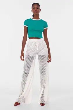 شلوار گشاد قلاب بافی زنانه رنگ سفید برشکا Bershka (ساخت اسپانیا)