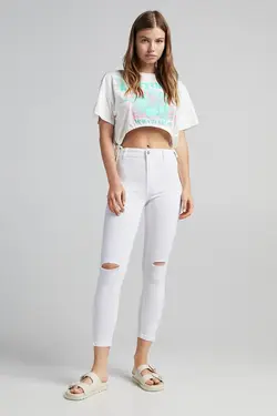 شلوار جذب زاپ دار زنانه رنگ سفید برشکا Bershka (ساخت اسپانیا)