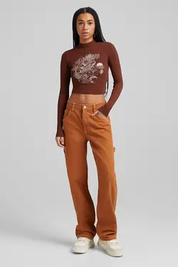 شلوار کنتراست دوخت از رو زنانه رنگ شتری برشکا Bershka (ساخت اسپانیا)