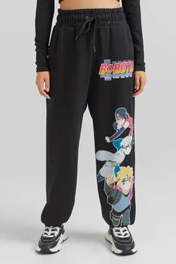 شلوار جاگر نخی با طرح Boruto X زنانه رنگ مشکی برشکا Bershka (ساخت اسپانیا)