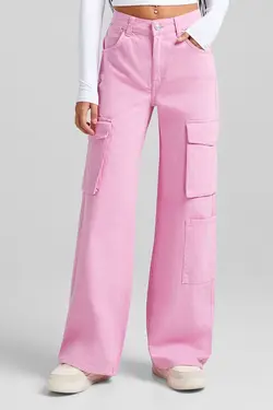 شلوار باری بگ بنددار زنانه رنگ صورتی برشکا Bershka (ساخت اسپانیا)