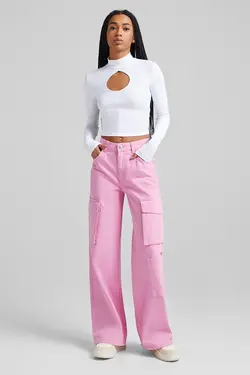 شلوار باری بگ بنددار زنانه رنگ صورتی برشکا Bershka (ساخت اسپانیا)