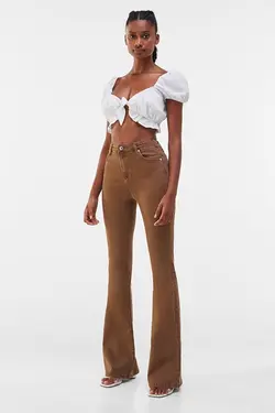 شلوار پالازو دمپا گشاد بنددار 5 جیبی زنانه رنگ قهوه ای برشکا Bershka (ساخت اسپانیا)