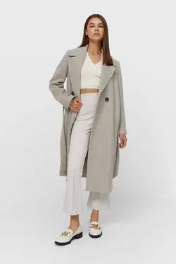 کت پشمی سفید بلند زنانه کمربند دار از برند استرادیواریوس Stradivarius (ساخت اسپانیا)