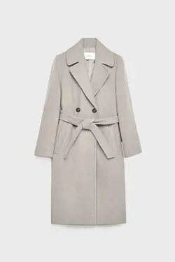 کت پشمی سفید بلند زنانه کمربند دار از برند استرادیواریوس Stradivarius (ساخت اسپانیا)