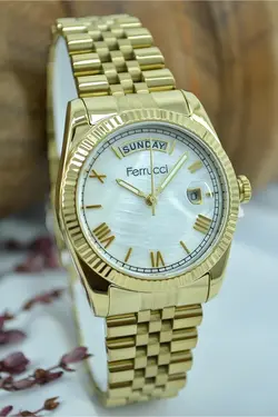 ساعت مچی زنانه استیل با تقویم رنگ طلایی فروچی Ferrucci (ساخت ترکیه)