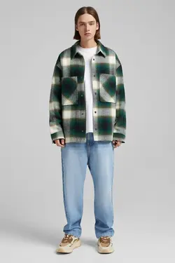 پیراهن پشمی چهارخانه مردانه رنگ سبز برشکا Bershka (ساخت اسپانیا)