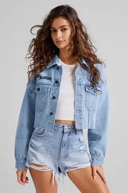 کت جین Rolling Stones پشت طرح دار زنانه رنگ آبی برشکا Bershka (ساخت اسپانیا)